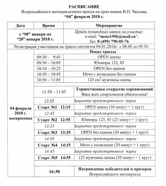 Расписание мероприятий на Чкаловском мотокроссе 4 февраля 2018 года